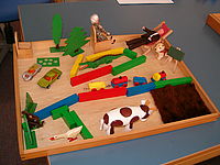 Szene aus einem psychologischen Test- und Therapieverfahren. Dabei werden verschiedene Personen in Puppenform, Tiere und Gegenstände wie Autos, Bäume und Bausteine individuell auf einem Brett aufgestellt.